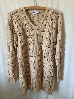 Crochet Rose V-Neck Sweater - Beige - Medium - Granny Chic